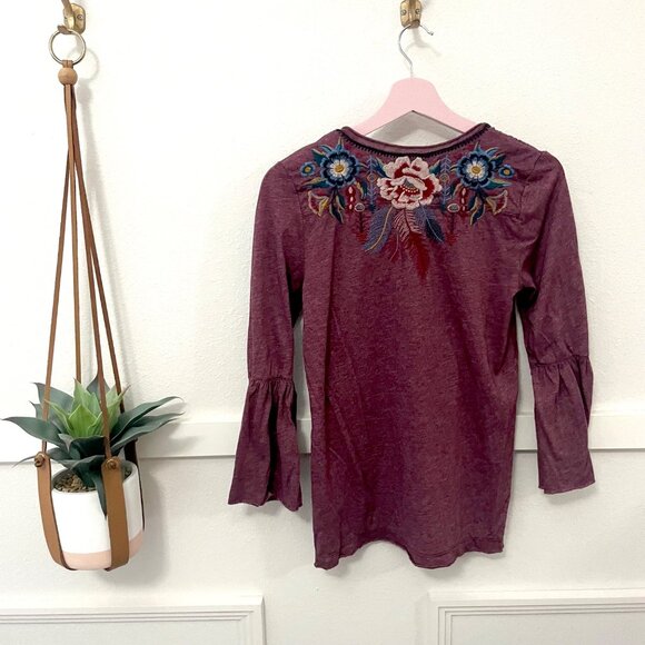 Johnny Was Darielle Flute Sleeve Tee Red Floral Embroidered Long Sleeve Top S - Picture 7 of 7